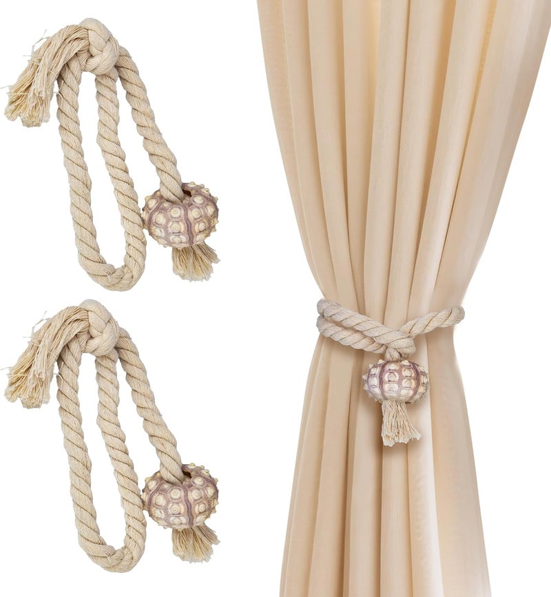 Xinally Hand Woven Curtain Tiebacks,2 PCS Sea Urchin Curtain Holdbacks, Mediterranean Style Curtains Ties for Indoor Outdoor Drapes Decorative (Sea Urchin) - Image 1